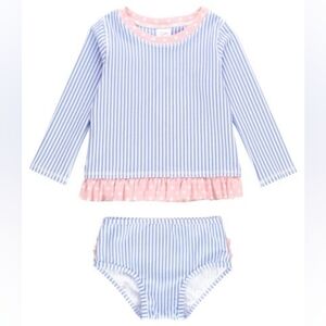 RuffleButts Baby Girls Seersucker Long Sleeve Rash Guard Bikini + NWT Bow!